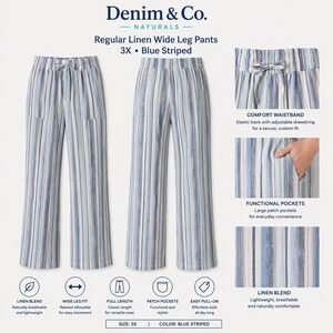 Denim & Co Naturals 3X Blue Striped Linen Blend Wide Leg‎ Pants A377306